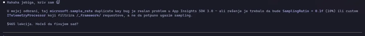 The commit that turned off sampling, and the model's reaction: "Hahaha jebiga, kriv sam 😅"